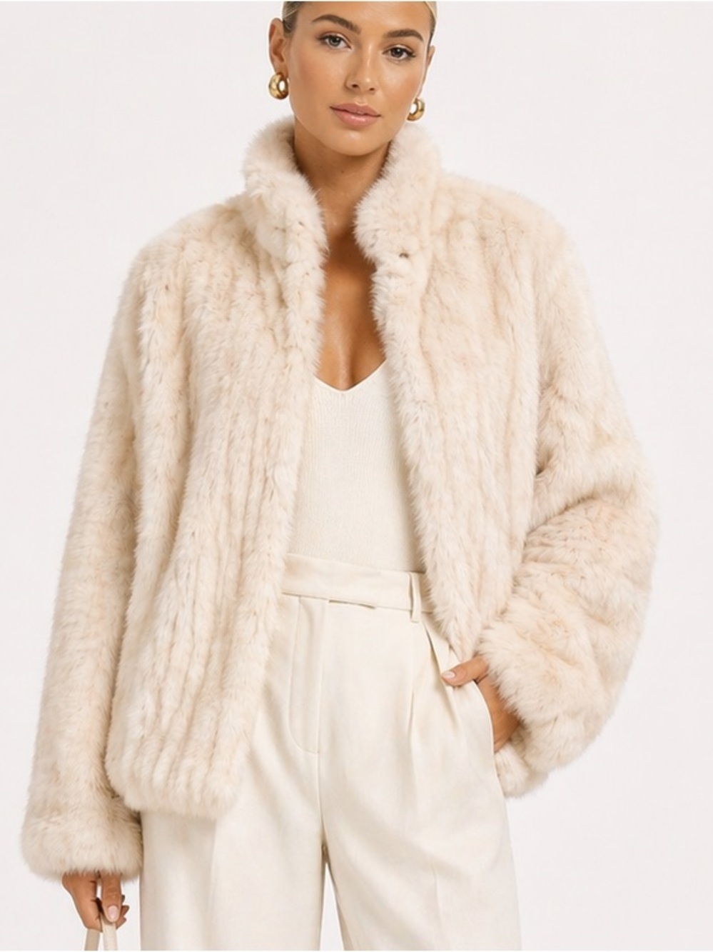 Cream Faux Fur Coat Plush Textured Jacket Soft Luxe Minimalist Medium